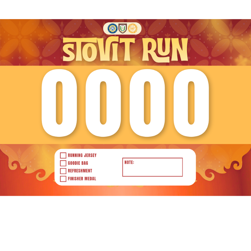 Race bib STOVIT RUN 2026 bermotif batik merah oranye